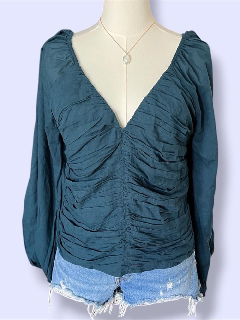 Abercrombie & Fitch Green Ruched V-Neck Long Sleeve Top NWT